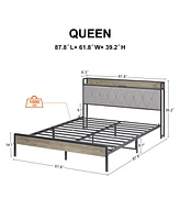 Streamdale Furniture Bed Frame With Charging Station Queen Size, Grey, 87.8" L X 61.8" W X 39.2" H