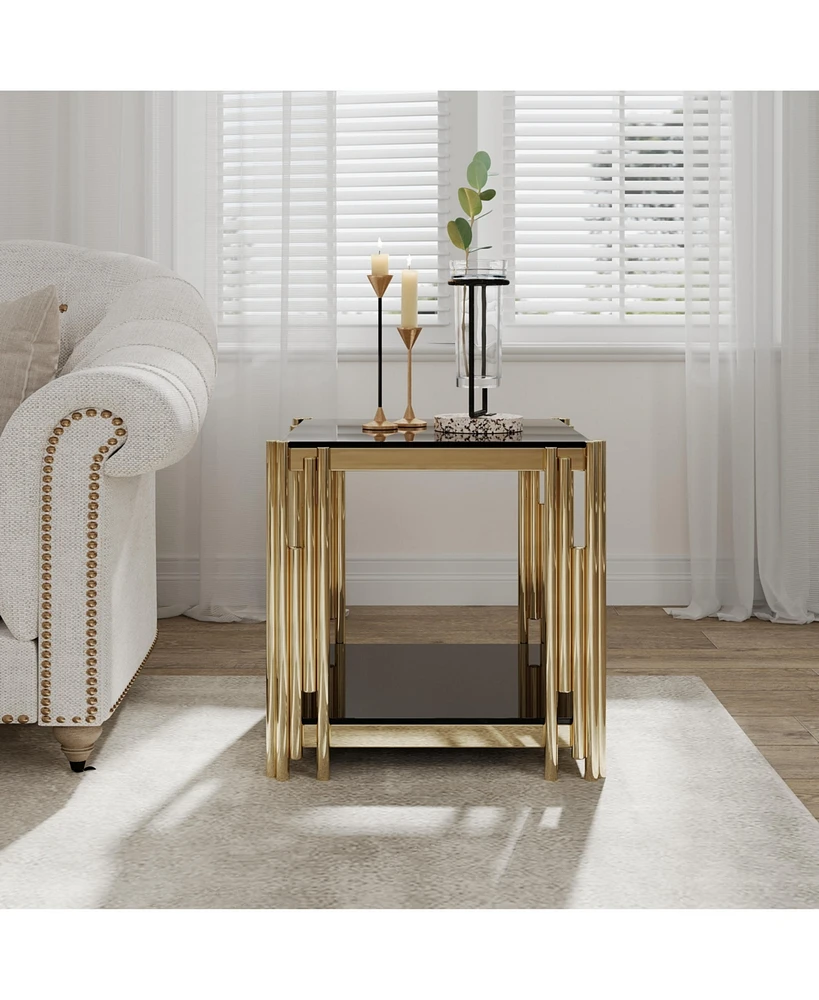 Simplie Fun Luxurious End Table Mirrored Glass, Polished Gold Frame, 20"x20"x22", Modern Glam Style