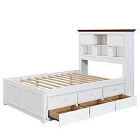 Solid Pine Captain Bookcase Bed With Trundle Bed And 3 Spacious Under Bed Drawers, Full