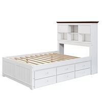 Solid Pine Captain Bookcase Bed With Trundle Bed And 3 Spacious Under Bed Drawers, Full