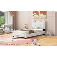 Twin Size Upholstered Platform Bed With Carton Ears Shaped Headboard