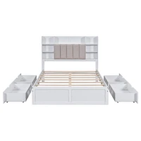 Full Size Bed Frame with Storage and Shelves, White