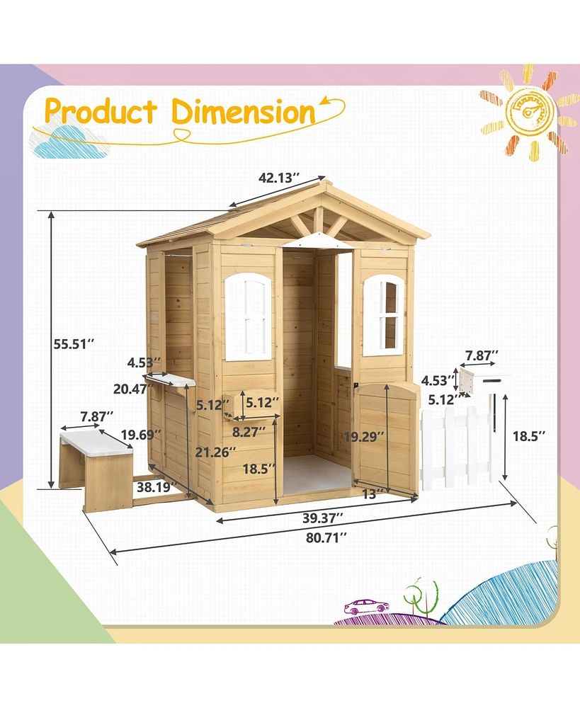 Streamdale Furniture Outdoor Firwood Playhouse with Door, Windows, and Serving Stations for Kids