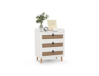 Slickblue Modern End Table with 3 Rattan Decorated Drawers-White