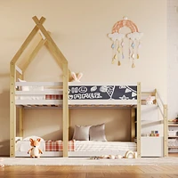 Simplie Fun Twin Over Twin House Bunk Bed With White Storage Staircase And Blackboard, White And Natural