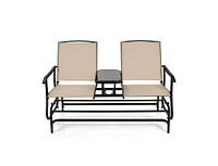 Slickblue 2-Person Double Rocking Loveseat with Mesh Fabric and Center Tempered Glass Table