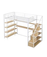 Simplie Fun Twin Size Metal Loft Bed With Staircase, Built-In Desk And Storage Shelves