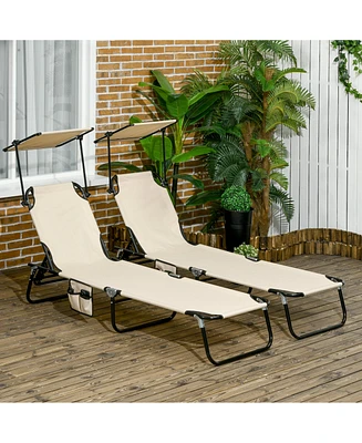 Simplie Fun Folding Chaise Lounge Pool Chairs, Outdoor Sun Tanning Chairs with Canopy Shade, Reclining Back, Steel Frame and Side Pocket for Beach, Ya