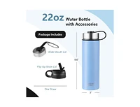 Slickblue 22 Oz Double-walled Insulated Stainless Steel Water Bottle with 2 Lids and Straw