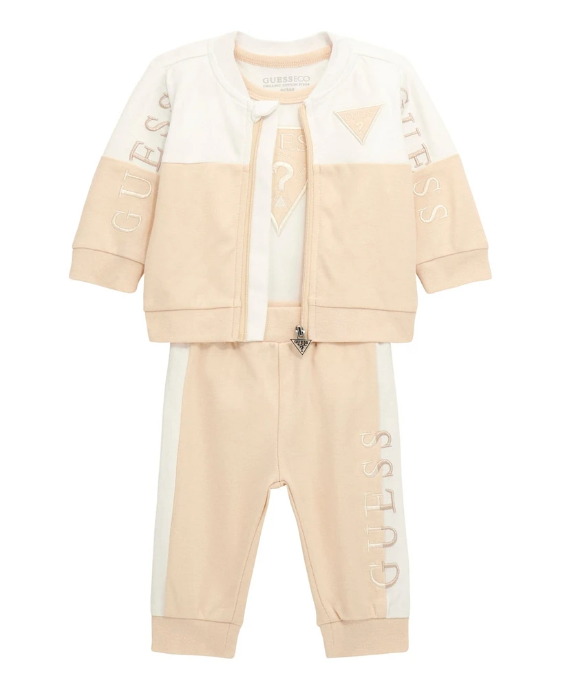 Guess Baby Boy Long Sleeve Bodysuit, Zip Top, and Pant Set
