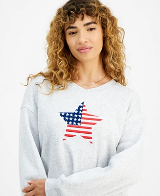 Ultra Flirt Juniors' Oversized V-Neck Star Flag Graphic Sweatshirt