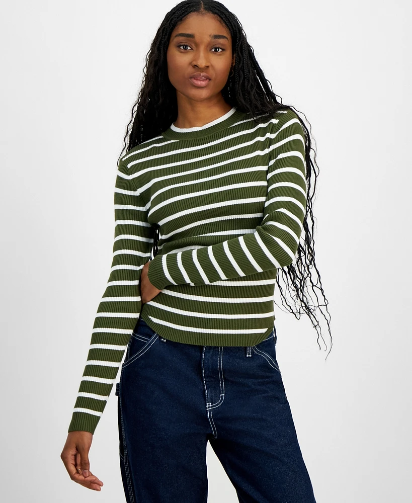 Madden Girl Juniors' Striped Crewneck Long-Sleeve Sweater