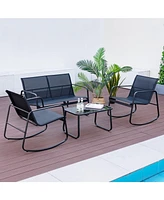 Slickblue 4 Piece Patio Rocking Set with Glass-Top Table-Black