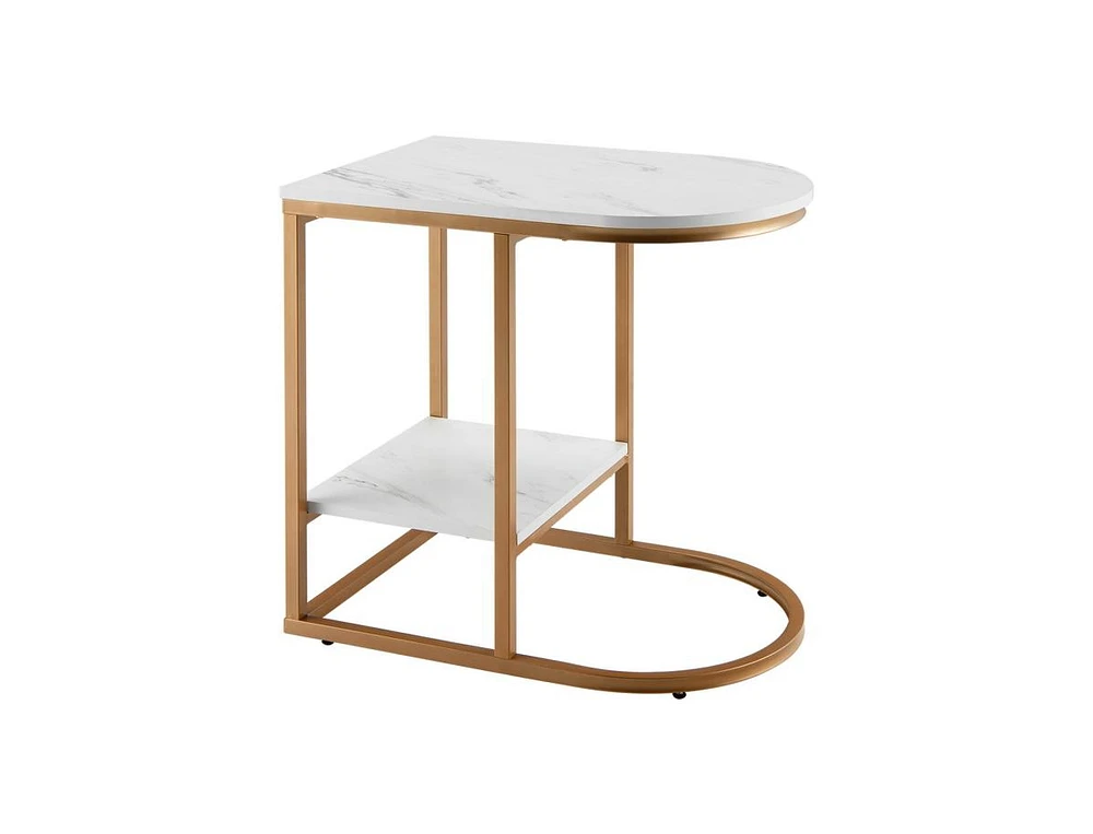 Slickblue 2 Tier C-shaped Side Table with Faux Marble Tabletop and Golden Steel Frame-White