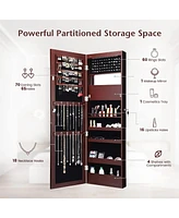 Sugift Lockable Wall Door Mounted Mirror Jewelry Cabinet with Led Lights