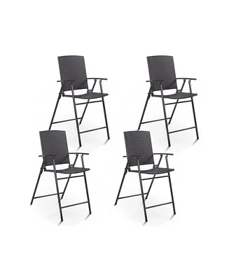 Sugift Set of 4 Folding Rattan Bar Chairs with Footrests and Armrests for Outdoors and Indoors