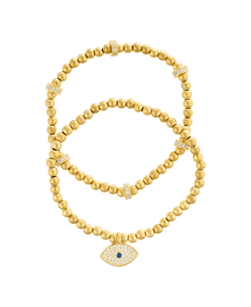 Adornia Gold Plated Pair of Bead Bracelets with Crystal Evil Eye