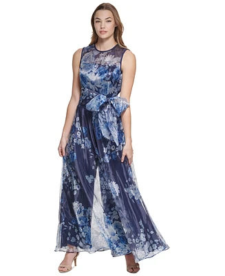 Eliza J Petite Floral Organza Belted Wide-Leg Jumpsuit