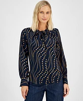 Tommy Hilfiger Women's Printed Tie-Neck Button-Front Blouse