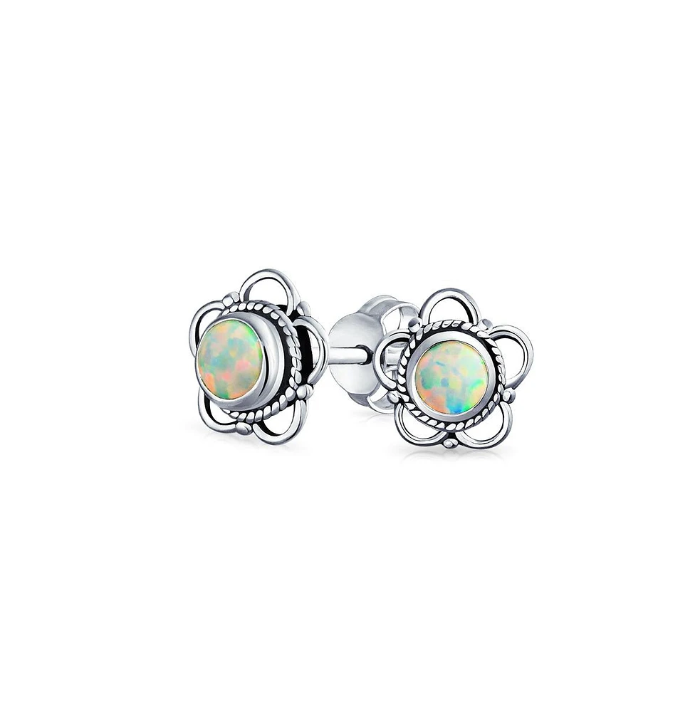 Bling Jewelry Bali Indonesian Tiny Open Flower Synthetic Opal Stud Earrings For Women Oxidized Sterling Silver