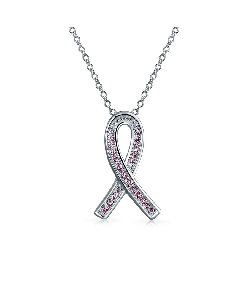 Bling Jewelry Delicate Elegant Fine Pave Pink Cubic Zirconia Cz Ribbon Breast Cancer Survivor Pendant Necklace For Women .925 Sterling Silver 18 Inch