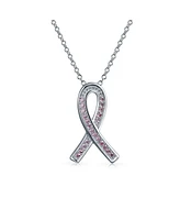 Bling Jewelry Delicate Elegant Fine Pave Pink Cubic Zirconia Cz Ribbon Breast Cancer Survivor Pendant Necklace For Women Sterling Silver 18 Inch