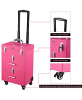 Byootique 14x11x23" Pink Pvc 4-Wheel Rolling Makeup Case Nail Drill Cosmetic Artist Trolley