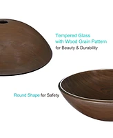 Tempered Glass Round Vessel Sink Wood Grain Pattern Bathroom Vanity Hotel Spa Bowl Basin