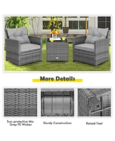 3 Pieces Outdoor Wicker Conversation Set with Tempered Glass Tabletop-Gray