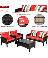 Vebreda 4 Pieces Outdoor Rattan Wicker Loveseat Furniture Set with Cushions