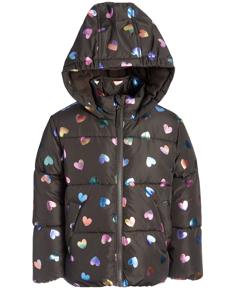 S Rothschild & Co Big Girls Quilted Metallic Heart-Print Full-Zip Hooded Puffer Jacket