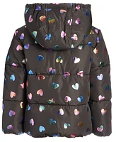 S Rothschild & Co Big Girls Quilted Metallic Heart-Print Full-Zip Hooded Puffer Jacket