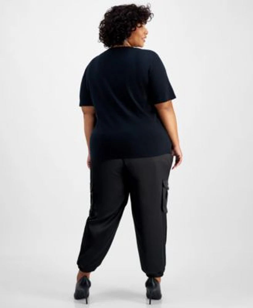 I.N.C. International Concepts Plus Size Embellished Cotton T Shirt Belted High Rise Satin Cargo Pants Created For Macys