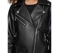 Karl Lagerfeld Petite Faux-Leather Asymmetric Moto Coat, Created for Macy's