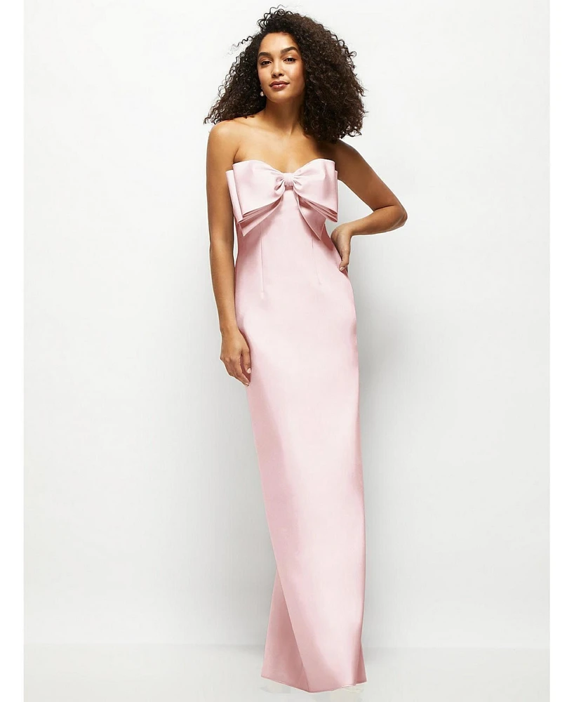 Alfred Sung Women's Strapless Satin Column Maxi Dress with Oversized Handcrafted Bow