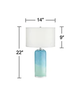 Nimbus Modern Accent Table Lamp 22" High with Led Nightlight Blue Art Glass Column White Drum Shade for Bedroom Living Room House Home Bedside Nightst