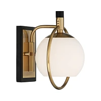 Carlyn Modern Art Deco Wall Light Sconce Warm Brass Black Hardwired 9 1/2" High Fixture Milky White Globe Glass Bedroom Bathroom Bedside Living Room H