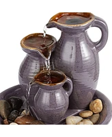 Triple Jug Zen Indoor Cascading Small Tabletop Water Fountain Chocolate Speckle Ceramic Real River Rock 9" for Table Desk