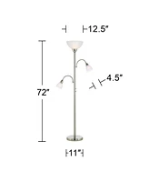 Possini Euro Design Alexei Modern Torchiere Floor Lamp Tree 3-Light Gooseneck Arm 72" Tall Brushed Nickel White Crackle Glass Pole Dimmer Living Room