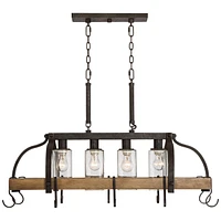 Franklin Iron Works Eldrige Bronze Wood Finish Pot Rack Linear Pendant Chandelier Lighting 36 1/2" Wide Rustic Farmhouse Clear Seed Glass 4-Light Fixt