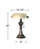 Haddington Traditional Piano Banker Table Lamp 16" High Antique Bronze Dark Brown Metal Alabaster Glass Shade Decor for Bedroom House Bedside Nightsta