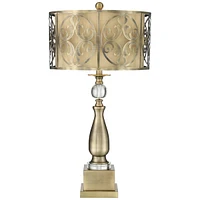 Doris Traditional Candlestick Table Lamp 30 1/2" Tall Brass Cutout Openwork Metal Outer Neutral Fabric Inner Drum Shade for Living Room Bedroom House