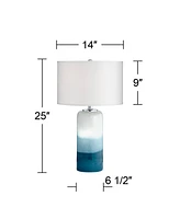 Roxanne Modern Coastal Table Lamp with Nightlight Led 25" High Blue Art Glass Column White Drum Shade Decor for Living Room Bedroom House Bedside Home