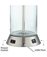 Watkin Modern Table Lamps 27.5" Tall Set of 2 Led with Usb and Ac Power Outlet in Base Dimmable Clear Glass Column White Drum Shade for Living Room Be