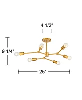 Possini Euro Design Marco Modern Ceiling Light Semi Flush-Mount Fixture 25" Wide Burnished Brass 6-Light Sputnik for Bedroom Kitchen Living Room Hallw