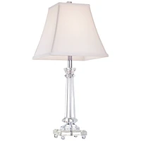 Traditional Glam Luxury Table Lamp 25" High Clear Slim Profile Crystal Glass Tapered Column White Square Bell Shade for Living Room Bedroom House Beds