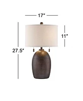 Byron Rustic Farmhouse Industrial Table Lamp 27.5" Tall Hammered Textured Bronze White Fabric Drum Shade Decor for Living Room Bedroom House Bedside N