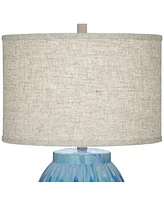 Selena Modern Table Lamp 28 1/2" Tall Green Blue Glaze Ceramic Grooved Lines Pattern Oatmeal Fabric Drum Shade for Living Room Bedroom House Bedside N