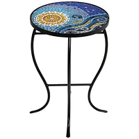 Ocean Scene Modern Black Metal Round Outdoor Accent Side Tables 14" Wide Set of 2 Set of 2 Blue Mosaic Tile Tabletop Gracefully Curved Legs for Spaces