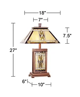 Walnut Mission Collection Rustic Table Lamp with Nightlight 27" Tall Wood Base Tiffany Style Antique Stained Art Glass Shade for Living Room Bedroom H